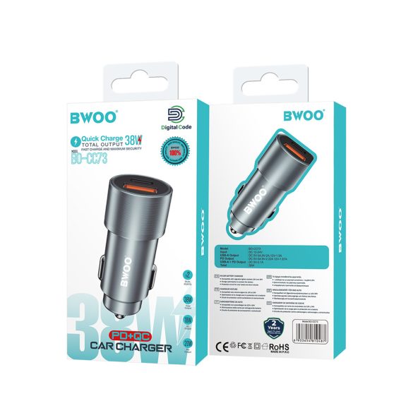 BWOO BO-CC73 autós töltő 1xUSB-A és 1xUSB-C csatlakozással 38W QC PD - szürke
