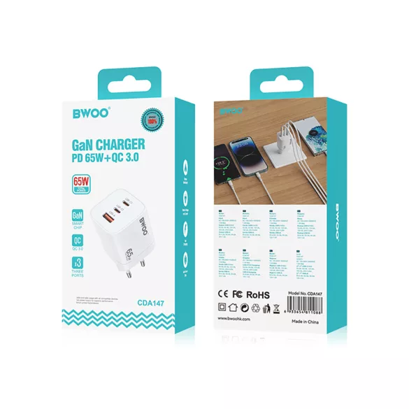 BWOO CDA147 hálózati töltő 1xUSB-A és 2xUSB-C csatlakozással 65W - fehér