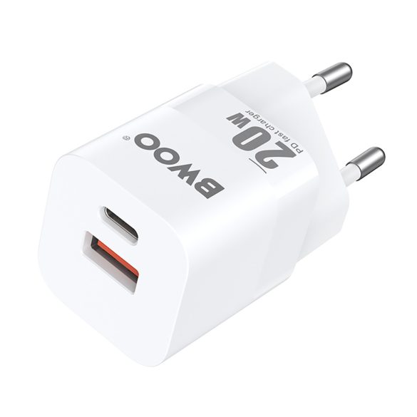 BWOO CDA156 hálózati töltő 1xUSB-A és 1xUSB-C csatlakozással 20W - fehér