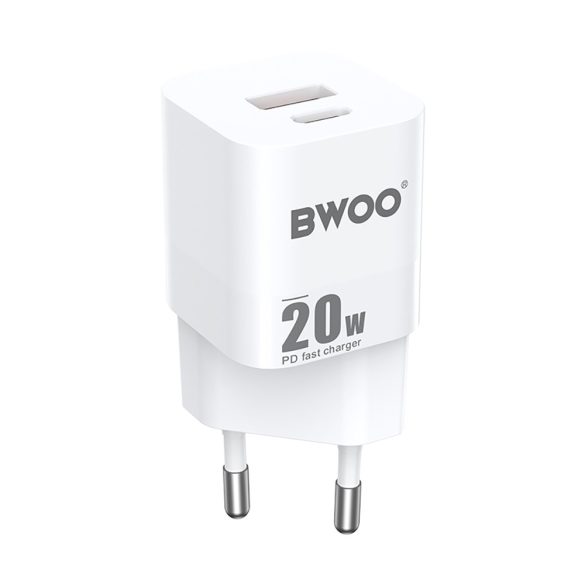 BWOO CDA156 hálózati töltő 1xUSB-A és 1xUSB-C csatlakozással 20W - fehér