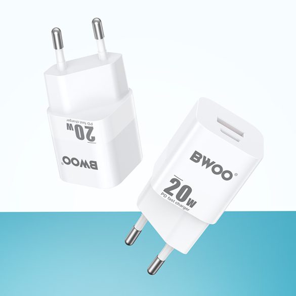 BWOO CDA156 hálózati töltő 1xUSB-A és 1xUSB-C csatlakozással 20W - fehér