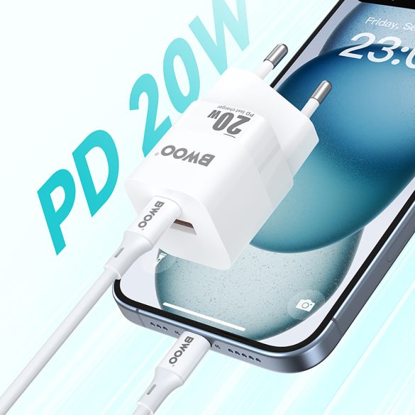 BWOO CDA156 hálózati töltő 1xUSB-A és 1xUSB-C csatlakozással 20W - fehér