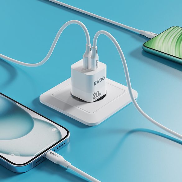 BWOO CDA156 hálózati töltő 1xUSB-A és 1xUSB-C csatlakozással 20W - fehér