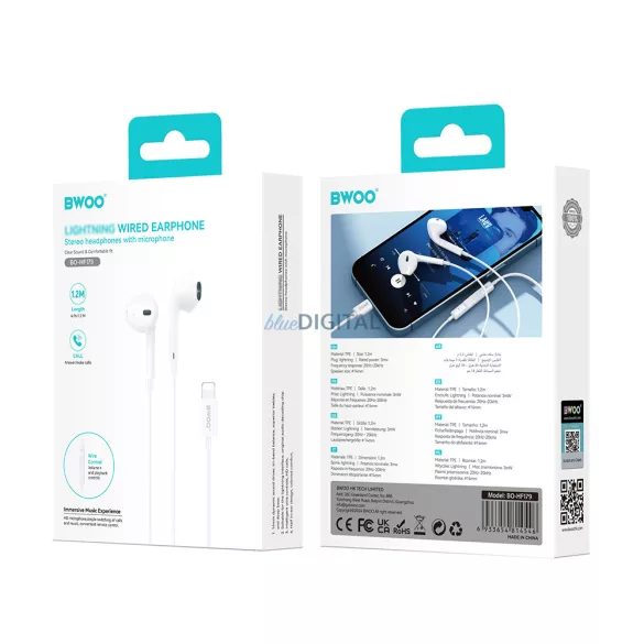 BWOO Vezetékes fejhallgató Lightning HF179 fehér HF179 hangerőszabályzóval