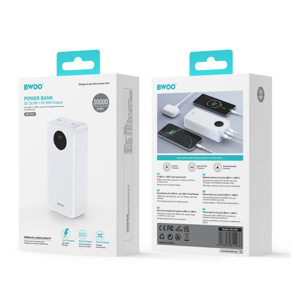 BWOO powerbank LCD kijelzővel 22,5W 30000mAh - fehér