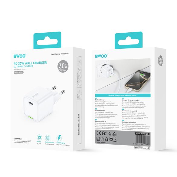 BWOO CDA211 hálózati töltő 1xUSB-C csatlakozással GaN 30W - fehér