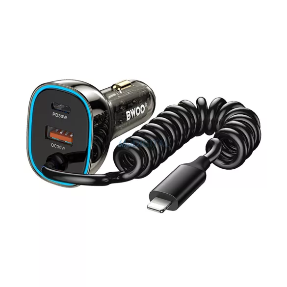 BWOO CC96L 30W PD autós töltő 1x USB-C 1x USB port Lighning kábellel szürke