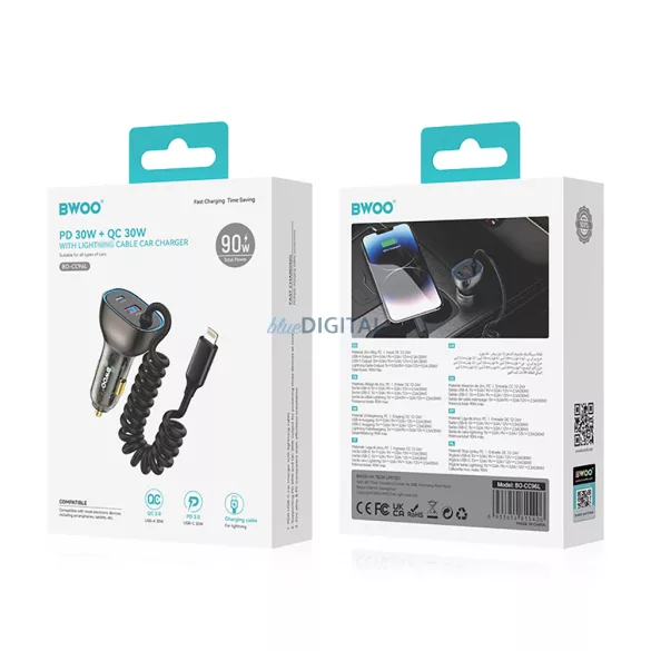 BWOO CC96L 30W PD autós töltő 1x USB-C 1x USB port Lighning kábellel szürke