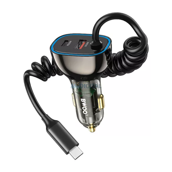 BWOO CC96C 30W PD autós töltő 1x USB-C 1x USB port USB-C kábellel szürke
