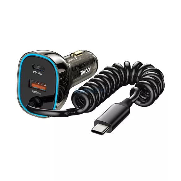 BWOO CC96C 30W PD autós töltő 1x USB-C 1x USB port USB-C kábellel szürke