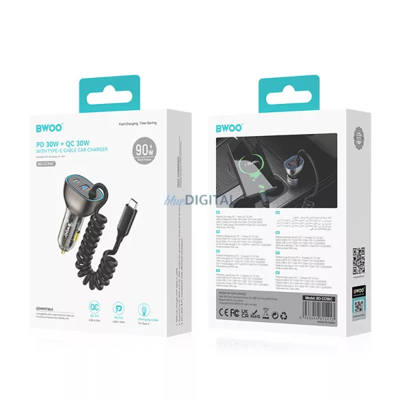 BWOO CC96C 30W PD autós töltő 1x USB-C 1x USB port USB-C kábellel szürke