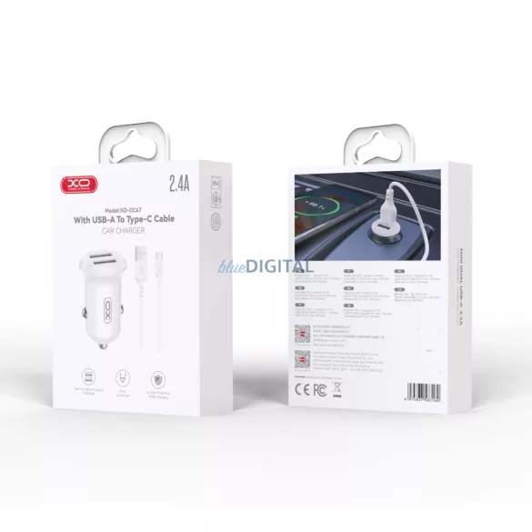 XO autós töltő CC67 12W 2x USB fekete + USB - USB-C kábel