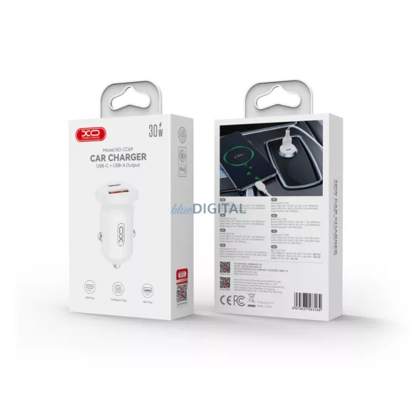XO autós töltő CC69 PD 30W QC 1x USB 1x USB-C fehér