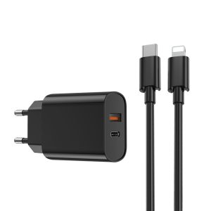 WIWU Wi-U002 hálózati töltő 1xUSB-A és 1xUSB-C csatlakozással + USB-C - Lightning kábel PD QC 20W - fekete