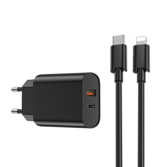 WIWU Wi-U002 hálózati töltő 1xUSB-A és 1xUSB-C csatlakozással + USB-C - Lightning kábel PD QC 20W - fekete