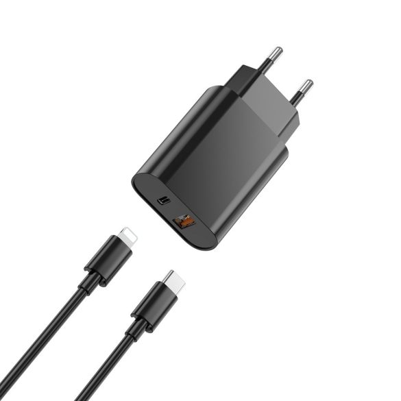 WIWU Wi-U002 hálózati töltő 1xUSB-A és 1xUSB-C csatlakozással + USB-C - Lightning kábel PD QC 20W - fekete