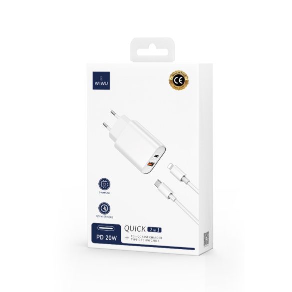 WIWU Wi-U002 hálózati töltő 1xUSB-A és 1xUSB-C csatlakozással + USB-C - Lightning kábel PD QC 20W - fekete