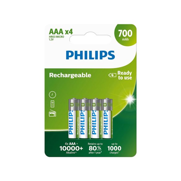 Philips nikkel-fémhidrid (NiMH) újratölthető elem AAA 700mAh - 4db