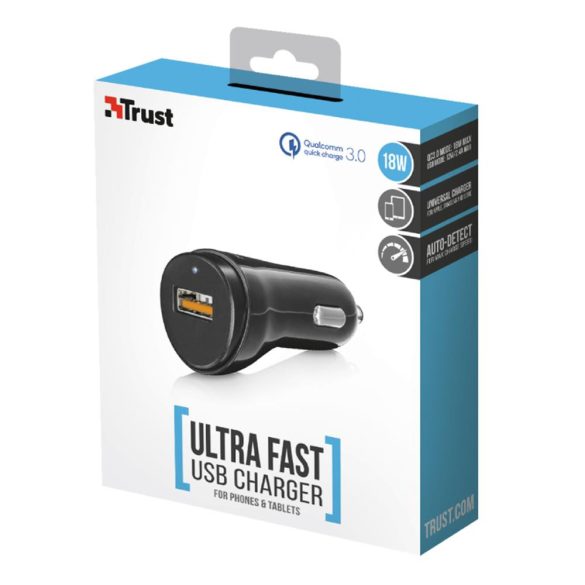 Trust autós töltő 1xUSB-A csatlakozással 18W QC 3.0 - fekete