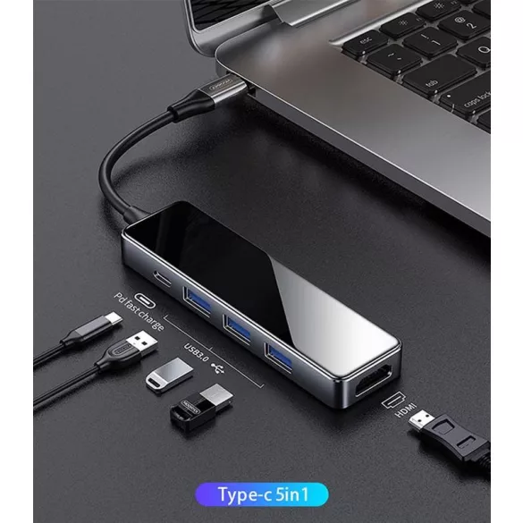 Joyroom S-M208 USB Type-C 3xUSB 3.0  PD  HDMI  RJ45 HUB Adapter - Grafit