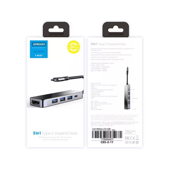 Joyroom S-M208 USB Type-C 3xUSB 3.0  PD  HDMI  RJ45 HUB Adapter - Grafit