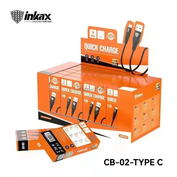 INKAX CB-02 20 Darabos 2.1A USB Type-C 1M Adatkábel - Fekete
