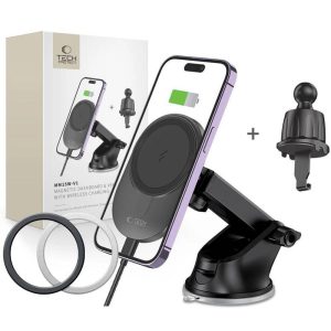 Tech-Protect MM15W-V1 2in1 Magsafe Autós Töltő és Tartó - Fekete