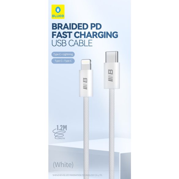 Blueo Braided PD USB Type-C 100W 1.2M Adatkábel - Fehér