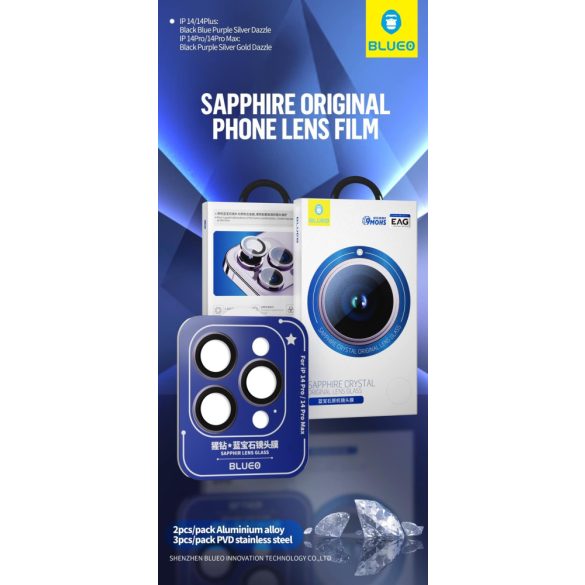 Apple iPhone 14 Pro/14 Pro Max Blueo Excluzív 3D Kamera Védő Zafírüveg - Fekete
