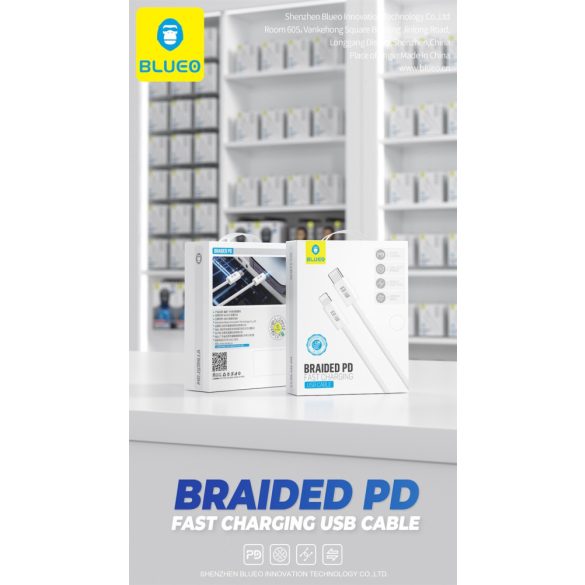 Blueo Braided PD Lightning 30W 1.2M Adatkábel - Fehér