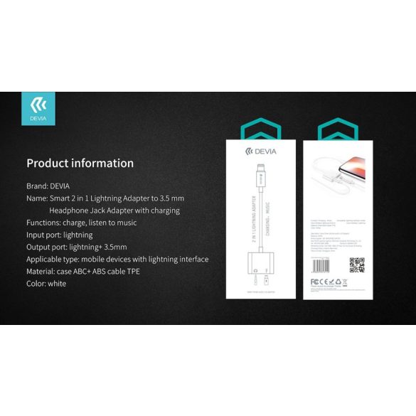 Devia EH018 Lightning/3.5 Jack Audió és Töltő Adapter - Fehér