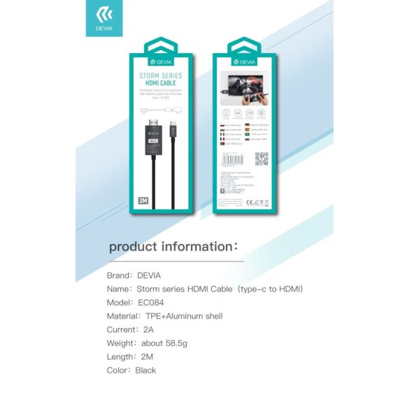 DEVIA Storm USB Type-C 2M 4K HDMI kábel  - Fekete