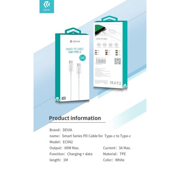 DEVIA EC042 Smart PD 60W USB Type-C 1M Adatkábel - Fehér