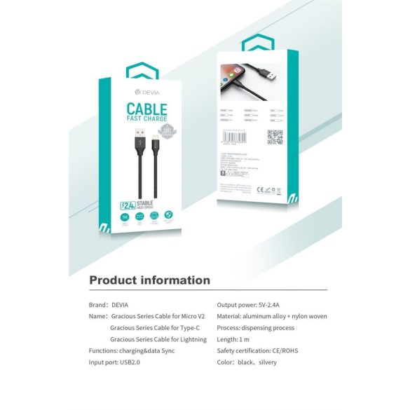 DEVIA EC303 Gracious 2.4A USB Type-C 1M Adatkábel - Fekete