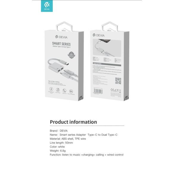 Devia EC609 USB Type-C/USB Type-C Audió és Töltő Adapter - Fehér