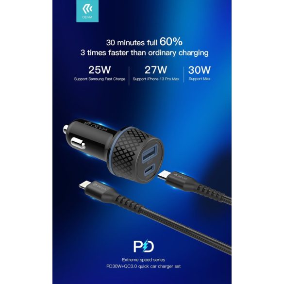 Devia EA144 Extrem Speed PD+QC 3.0 52.5W Autós Töltőfej + PD Lightning 30W Adatkábel- Fekete