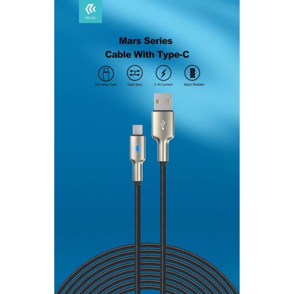 DEVIA EC313 Mars Zinc Aloy 2.1A USB Type-C 1.5M Adatkábel - Fekete