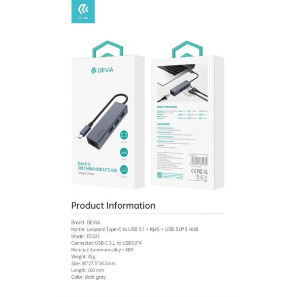 Devia EC621 Leopard USB Type-C 3.1/3xUSB 3.0 + RJ45 HUB Adapter - Grafit