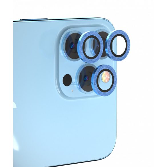 Apple iPhone 14 Pro/14 Pro Max Devia Peak Glitter 3D Fém Kamera Védő Üvegfólia - Fekete