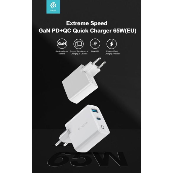 Devia GaN006D Smart PD 65W GaN Hálózati Töltőfej + 1M PD 100W USB Type-C Adatkábel - Fehér