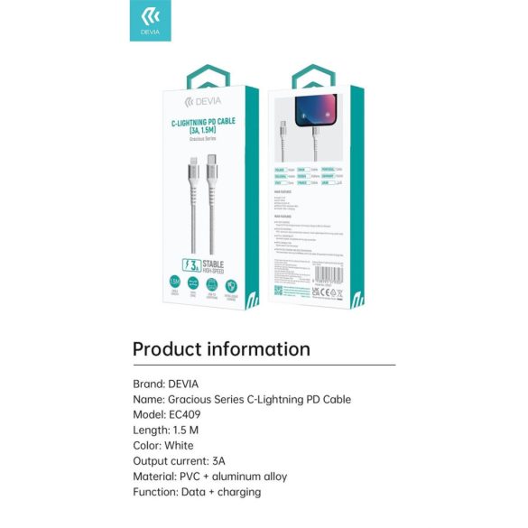 DEVIA EC409 Gracious PD 3A Lightning 1.5M Adatkábel - Fehér