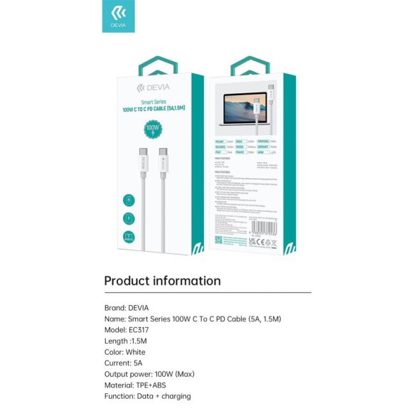 DEVIA EC317 Smart PD 100W USB Type-C 1.5M Adatkábel - Fehér