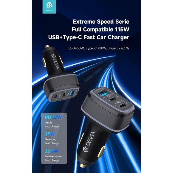 Devia EA361 Extrem Speed 2xPD + QC 3.0 115W Autós Töltőfej- Fekete