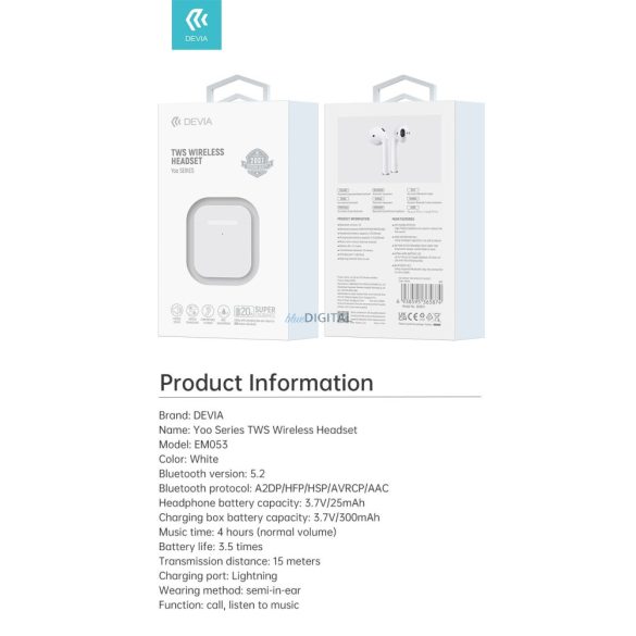 Devia EM053 Kintone Airbuds TWS Bluetooth 5.2 Headset - Fehér