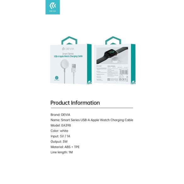DEVIA EA398 Kintone USB-A Magnetic Wireless Apple iWatch Töltő - Fehér