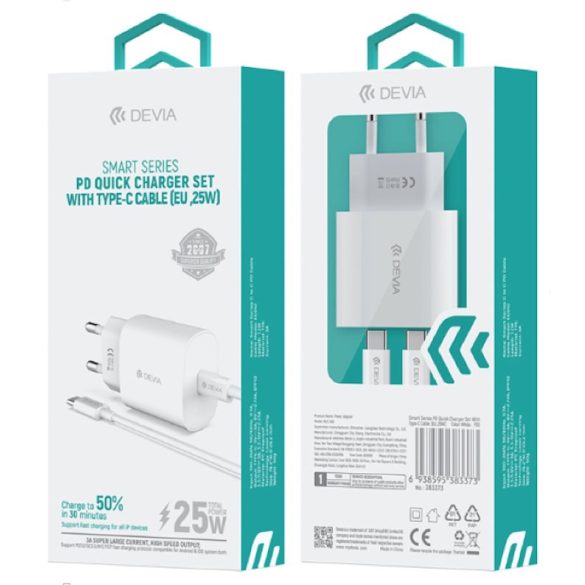 Devia RLC-383 Smart PD 25W Hálózati Töltőfej + PD USB Type-C Töltőkábel - Fehér