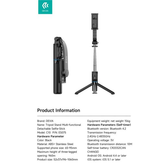 Devia Tripod Stand Multifunkciós Wireless Selfi Bot - Fekete