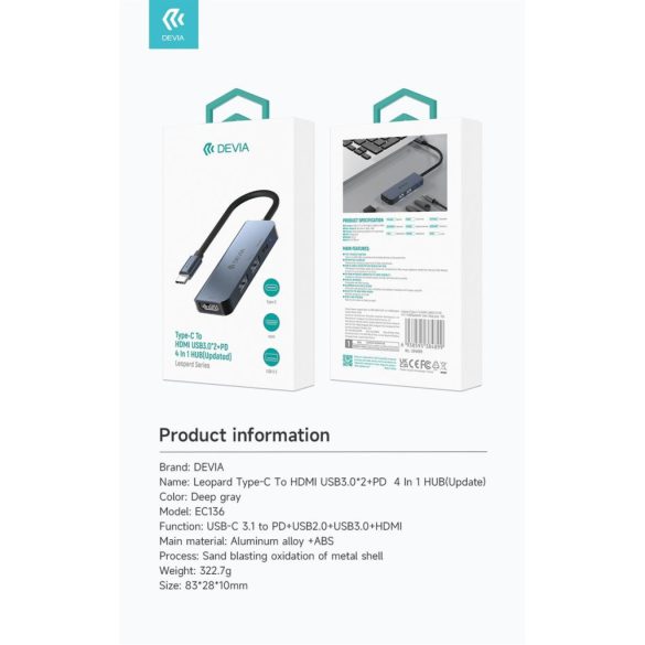 Devia EC136 Leopard USB Type-C 3.1/HDMI 4in1 Multi HUB Adapter - Grafit