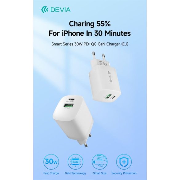 Devia RLC-537 Smart QC 3.0 + PD 30W Gan Hálózati Töltőfej - Fehér