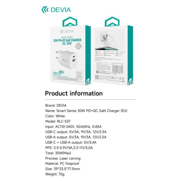 Devia RLC-537 Smart QC 3.0 + PD 30W Gan Hálózati Töltőfej - Fehér